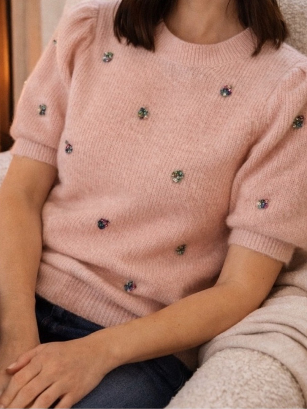 Boden Pink Short-Sleeve Embellished Knit Sweater